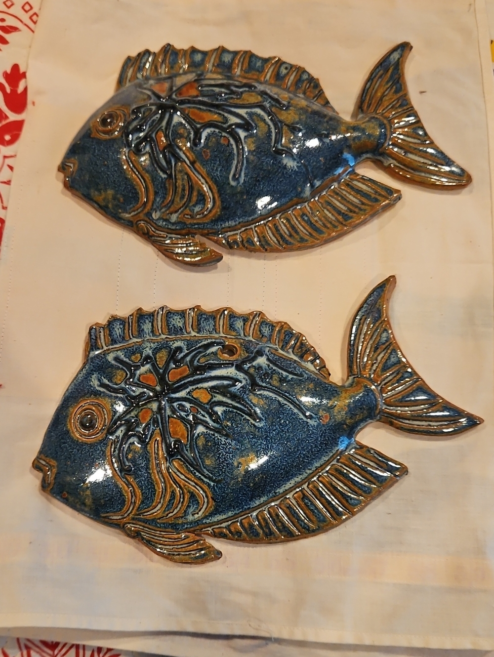 Handcrafted Blue Ceramic Fish Wall Plaques - Set of 2